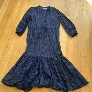 Emerson Fry, Frances India Collection dress, navy with gold stripes, sz L EUC
